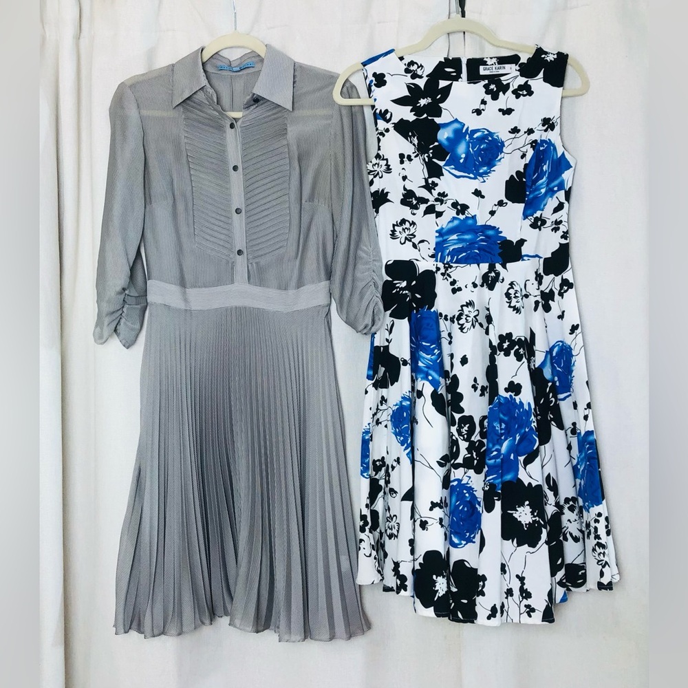 Lot 2 Dresses Antonio Melani Grey Pinstripe Pleat Dress Size 4 &  Grace Karin Fl